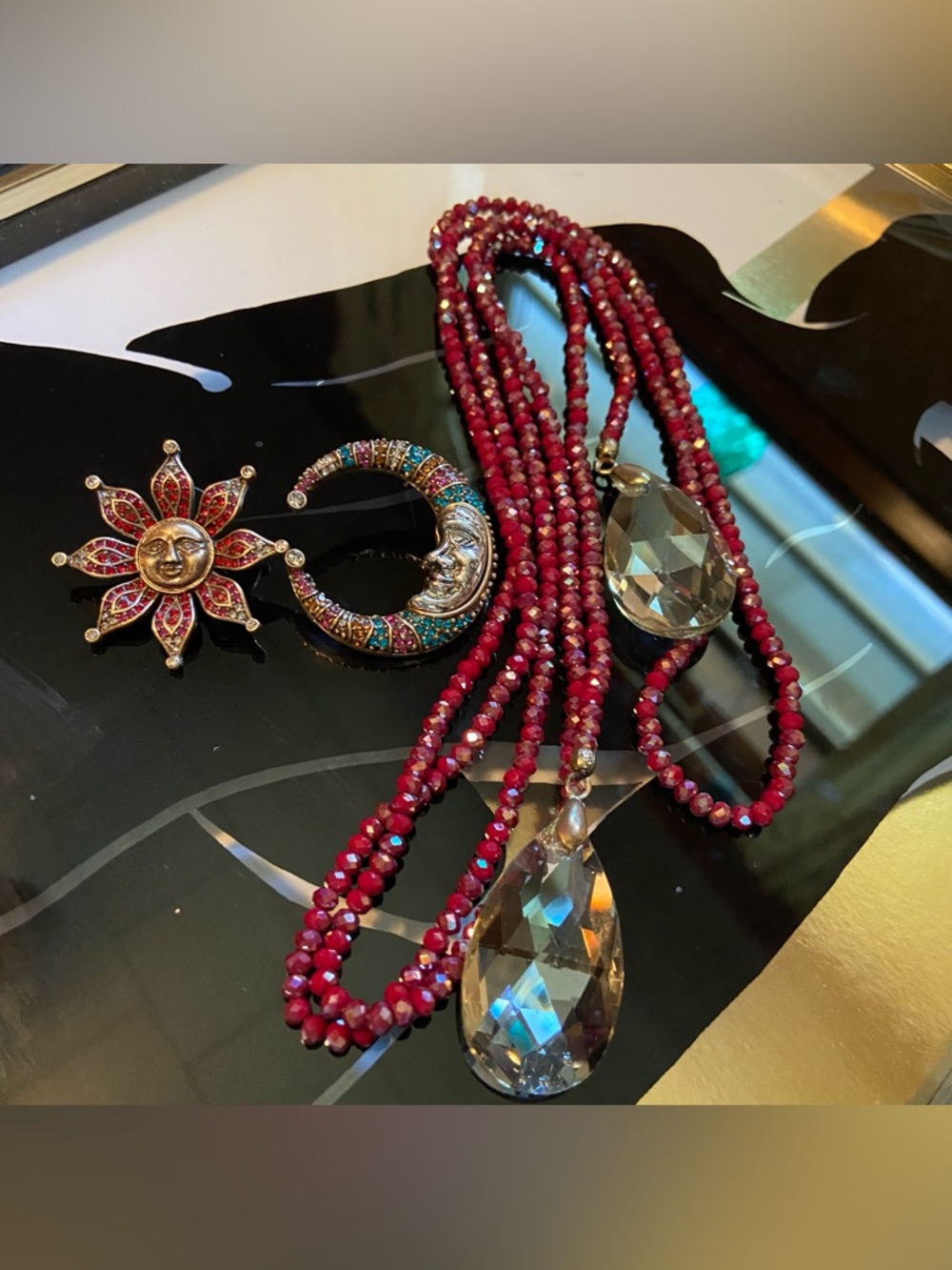 Cherry Red AB Lariot Necklace w/Crystal Teardrop Pendants and Sun Moon Earrings